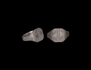 Medieval Silver Ring with Ropework
14th century AD. A silver ring comprising a flat-section hoop with three lines below each shoulder, octagonal beze...