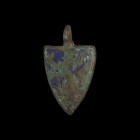 Medieval 'Lamont Clan' Heraldic Horse Harness Pendant
13th-14th century AD. A bronze harness pendant with integral pierced lobe, heater shield with r...