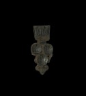 Medieval Three Crowns Strap End
13th-14th century AD. A bronze socketted belt chape or strap end comprising a rectangular socket and sub-triangular f...