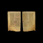 Medieval Breviary Manuscript Page
13th century AD. A parchment page from a breviary with rounded blackletter text in two columns, drypoint lining vis...
