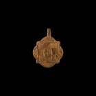 Medieval Gilt Heraldic Horse Harness Pendant
13th-14th century AD. A gilt bronze quatrefoil harness pendant with hatched chequy design, pierced lug a...
