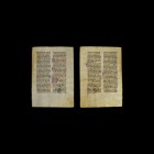 Medieval Italian Breviary Manuscript Page
Circa 1210 AD. A vellum manuscript page with drypoint ruling, rounded blackletter text in two columns with ...