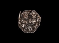 Grand Tour Mount with Warrior Saints
18th-19th century AD. An octagonal silver plaque with high-relief image of two facing men seated in long robes, ...