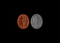 Post Medieval Figural Gemstone with NIAR
19th century AD. A flat-section carnelian disc with laurel wreath border, standing robed female figure (Vict...