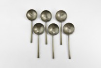 Post Medieval Dutch Pewter Spoon Group
17th century AD. A matched set of pewter spoons, each a broad discoid bowl with rectangular-section handle, wi...