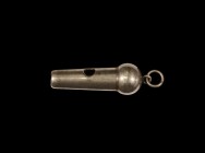 Post Medieval Silver Hawking Whistle
Hallmarked 1906. A small silver hawking whistle with tapering shaft, bulb and suspension ring; hallmarked with a...