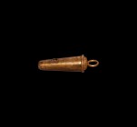 Post Medieval Hawking Whistle
18th-early 19th century AD. A copper whistle with two opposed vents, conical body, cap with repoussé beading, suspensio...