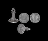 Post Medieval Silver 'John de Micheldever' Seal Matrix
17th century AD. A large 'chessman' personal seal matrix with tapered hexagonal shaft with tri...
