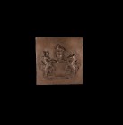 Victorian Heraldic Mount
19th century AD. A square bronze mount with high-relief heraldic motif, helmet with bird crest and wreath above, stag suppor...