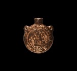 Byzantine Glass Pilgrim's Flask with Saints
10th-12th century AD. A glass pilgrim's flask with loop to each shoulder and short neck, impressed design...