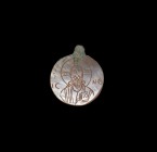 Post Medieval Pendant with Bust of Christ
18th-19th century AD. A nacre discoid pendant with integral pierced suspension lug, incised nimbate facing ...
