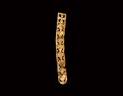 Byzantine Gold Mount with Cross
7th-9th century AD. A gold tongue-shaped openwork repousse mount in two parts, with cross to one end followed by alte...