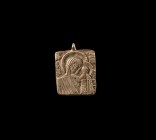 Post Medieval Silver Pendant with Mary and Jesus
19th-20th century AD. A rectangular silver pendant with pierced lug above, low-relief image of Mary ...