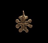 Byzantine Lobed Cross Pendant
10th-12th century AD. A bronze cruciform pendant, each arm with a lobe to each outer angle, central ring-and-dot, pierc...