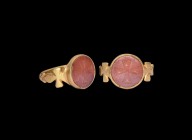 Post Medieval Gold Ring with Gemstone Cross
19th century AD or earlier. A Byzantine style gold ring comprising a D-section hoop and cruciform shoulde...