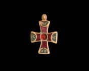 Post Medieval Gold and Garnet Cross Pendant
18th-19th century AD. A gold pendant in early Byzantine style with slightly flared arms, integral suspens...