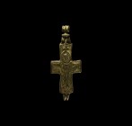Byzantine Reliquary Cross Pendant
11th-13th century AD. A bronze enkolpion reliquary cross pendant hinged at the lower edge and with ribbed barrel lo...