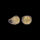 Post Medieval Gilt Silver Ring with Monogram
17th-18th century AD. A silver-gilt signet ring with faceted hoop, octagonal bezel with incised border, ...