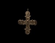 Byzantine Cross Pendant
11th-13th century AD. A bronze cross pendant with Corpus Christi motif and bust of each apostle in the lobe finial. 28.2 gram...