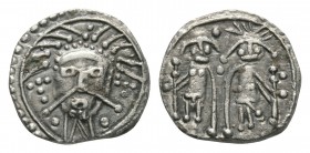 Anglo-Saxon Coins - Eclectic Series - Type 30A - Wodan Head Sceatta
710-760 AD. Obv: facing bust with long moustaches. Rev: two standing figures both...