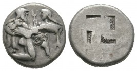 Ancient Greek Coins - Thasos - Satyr Stater
580-480 BC. Obv: naked ithyphallic satyr with long hair, running right in a crouching posture, carrying o...