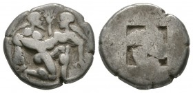 Ancient Greek Coins - Thasos - Satyr Stater
580-480 BC. Obv: naked ithyphallic satyr with long hair, running right in a crouching posture, carrying o...