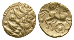 Celtic Iron Age Coins - Essex Chariot Wheel - Gold Quarter Stater
1st century BC-1st century AD. Obv: wreath, cloak and crescents, seven-spoked wheel...