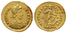 Ancient Roman Imperial Coins - Honorius - Gold Emperor with Captive Solidus
402-403 AD. Milan mint. Obv: D N HONORIVS P F AVG legend with diademed, d...
