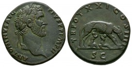 Ancient Roman Imperial Coins - Antoninus Pius - Wolf and Twins Sestertius
157-158 AD. Rome mint. Obv: ANTONINVS AVG PIVS P P IMP II legend with laure...