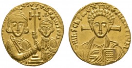 Ancient Byzantine Coins - Justinian II with Tiberius - Gold Christ Solidus
705-711 AD. Constantinople mint. Obv: ChS REX REGNANTIUM legend with bust ...