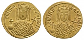 Ancient Byzantine Coins - Irene - Double Portrait Solidus
797-801 AD. Constantinople mint. Obv: EIRInH bASILISSH legend with facing bust wearing crow...