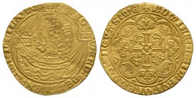 English Medieval Coins - Edward IIII - London - Gold Treaty Half Noble
1363-1369 AD. Obv: King standing facing in ship holding sword and shield with ...