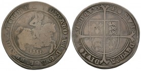 English Tudor Coins - Edward VI - 1551 - Crown
Dated 1551 AD. Fine coinage. Obv: king riding with EDWARD VI D G AGL FRA Z HIBER REX legend with 'y' m...