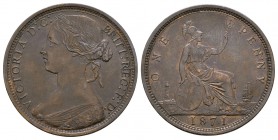 English Milled Coins - Victoria - 1871 - Penny
Dated 1871 AD. Bun head, dies 6G. Obv: profile bust with VICTORIA D G BRITT REG F D legend. Rev: Brita...