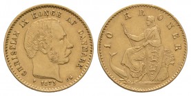 World Coins - Denmark - Christian IX - 1873 - 10 Kroner
Dated 1873 AD. Copenhagen mint. Obv: profile bust with date, 'heart' mintmark and initials CS...