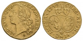 World Coins - France - Louis XV - 1745W - Gold Louis d'Or
Dated 1745 AD. Lille mint. Obv: profile bust with heron privy mark below and LUD XV D G FR ...