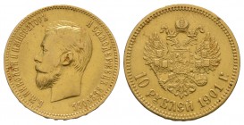 World Coins - Russia - Nicholas II - 1901 - 10 Roubles
Dated 1901 AD. Obv: profile bust with Cyrillic legend. Rev: double-headed eagle with arms and ...