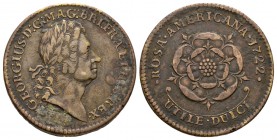 World Coins - USA - 1722 - Rosa Americana 2 Pence
Dated 1722 AD. Royal patent coinage. Obv: profile bust with GEORGIUS D G MAG BRI FRA ET HIB REX leg...