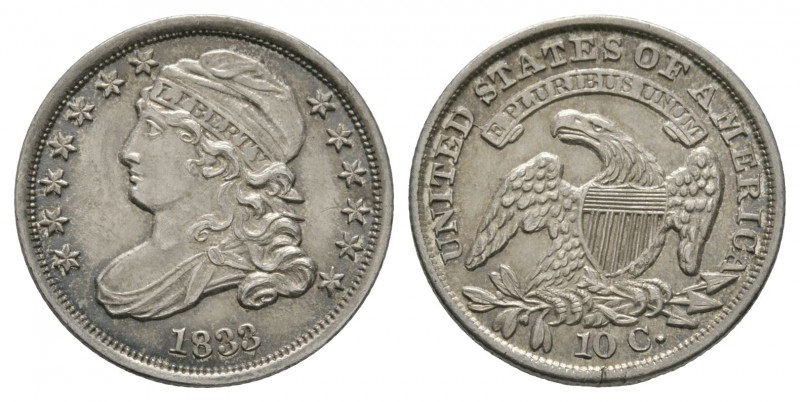 World Coins - USA - 1833 - Liberty Cap Dime
Dated 1833 AD. Obv: profile bust wi...