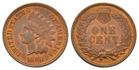 World Coins - USA - 1880 - Proof Indian Cent
Dated 1880 AD. Obv: Indian profile head with date below and UNITED STATES OF AMERICA legend. Rev: ONE / ...