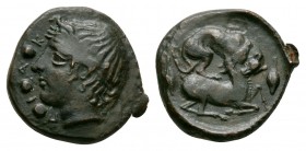 Ancient Greek Coins - Piakos - River God Trias
425-420 BC. Obv: PIAK with three dots between the letters, around wreathed and horned head of youthful...