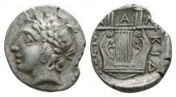 Ancient Greek Coins - Macedonia - Chalkidian League - Lyre Tetrobol
Circa 400 BC. Olynthos mint. Obv: laureate head of Apollo left. Rev: XAL-KID-EWN ...