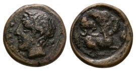 Ancient Greek Coins - Piakos - River God Trias
425-420 BC. Obv: PIAK with three dots between the letters, around wreathed and horned head of youthful...