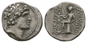 Ancient Greek Coins - Seleukid - Alexander I Balas - Apollo Drachm
150-145 BC. Obv: diademed bust right. Rev: inscription in four lines at sides of n...