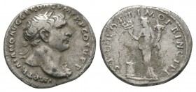 Ancient Roman Imperial Coins - Trajan - Felicitas Denarius
107 AD. Rome mint. Obv: IMP TRAIANO AVG GER DAC P M TR P COS V P P legend with laureate bu...