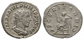Ancient Roman Imperial Coins - Philip I - Securitas Antoninianus
244-245 AD. Rome mint. Obv: IMP M IVL PHILIPPVS AVG legend with radiate, draped and ...