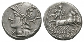 Ancient Roman Republican Coins - M Baebius Q f Tampilus - Apollo Denarius
137 BC. Rome mint. Obv: helmeted bust of Roma left with X below chin and TA...