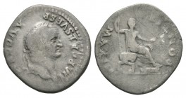 Ancient Roman Imperial Coins - Vespasian - Emperor Seated Denarius
73 AD. Rome mint. Obv: IMP CAES VESP AVG CENS legend with laureate bust right. Rev...