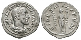 Ancient Roman Imperial Coins - Maximinus I - Fides Militum Denarius
236-238 AD. Rome mint. Obv: IMP MAXIMINVS PIVS AVG legend with laureate and drape...