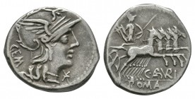Ancient Roman Republican Coins - C Aburius Geminus - Mars Denarius
134 BC. Rome mint. Obv: helmeted bust of Roma right with ? monogram below chin and...